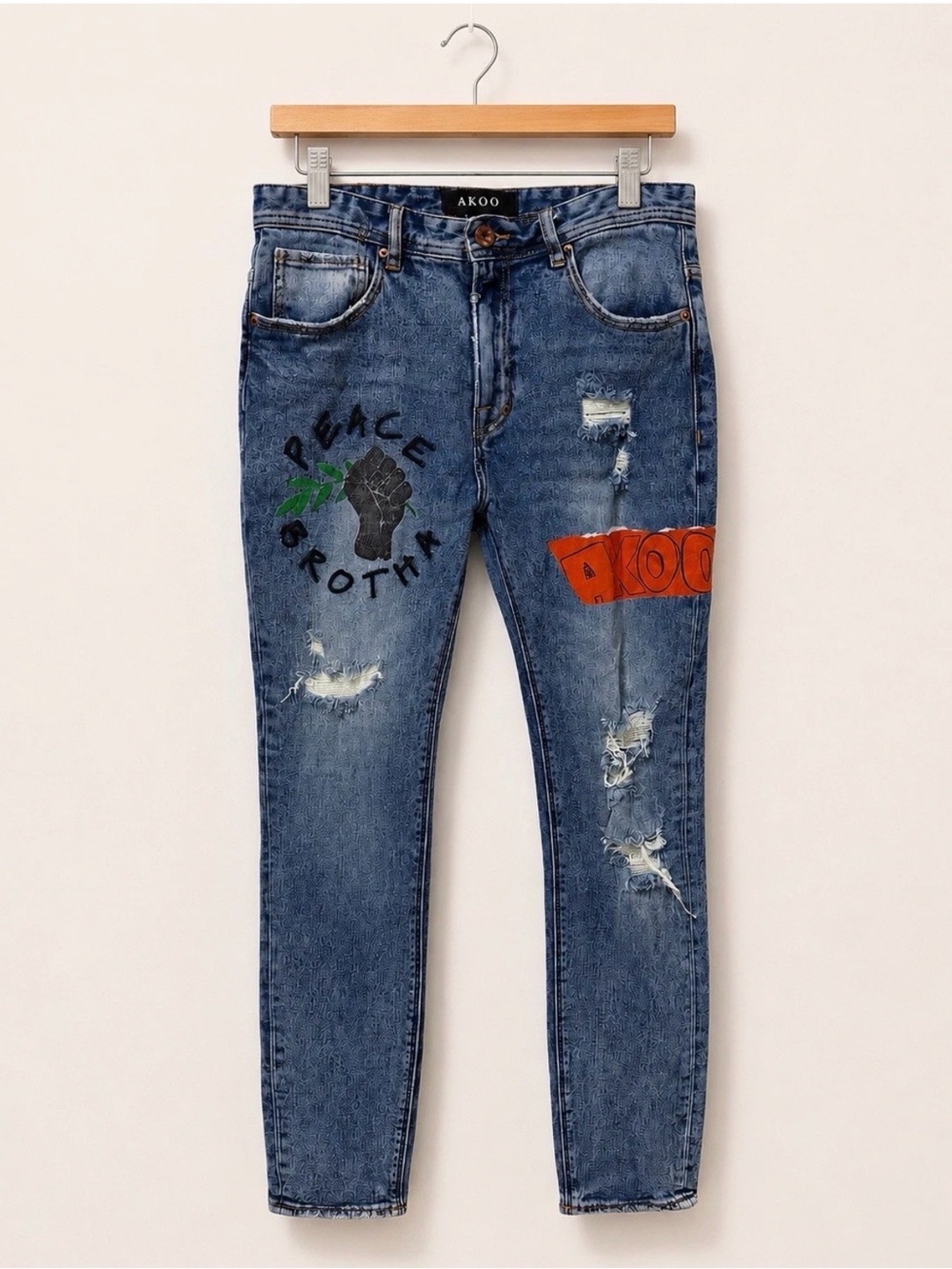 AKOO Jeans Mens 34 Distressed Graphic‎ Denim Peace Growth Y2K Streetwear
